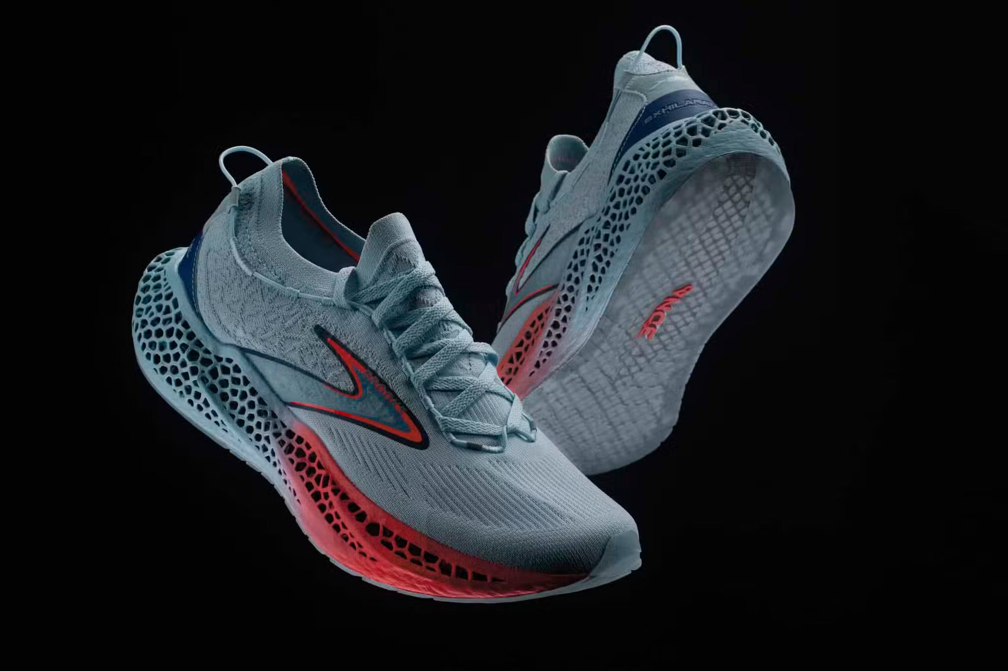 The Brooks Exhilarate-BlueLine running shoes made with HP.